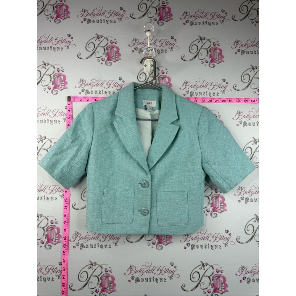 Suzy Shier blazer T-shirt style blue Mint Green Cropped Blazer button up